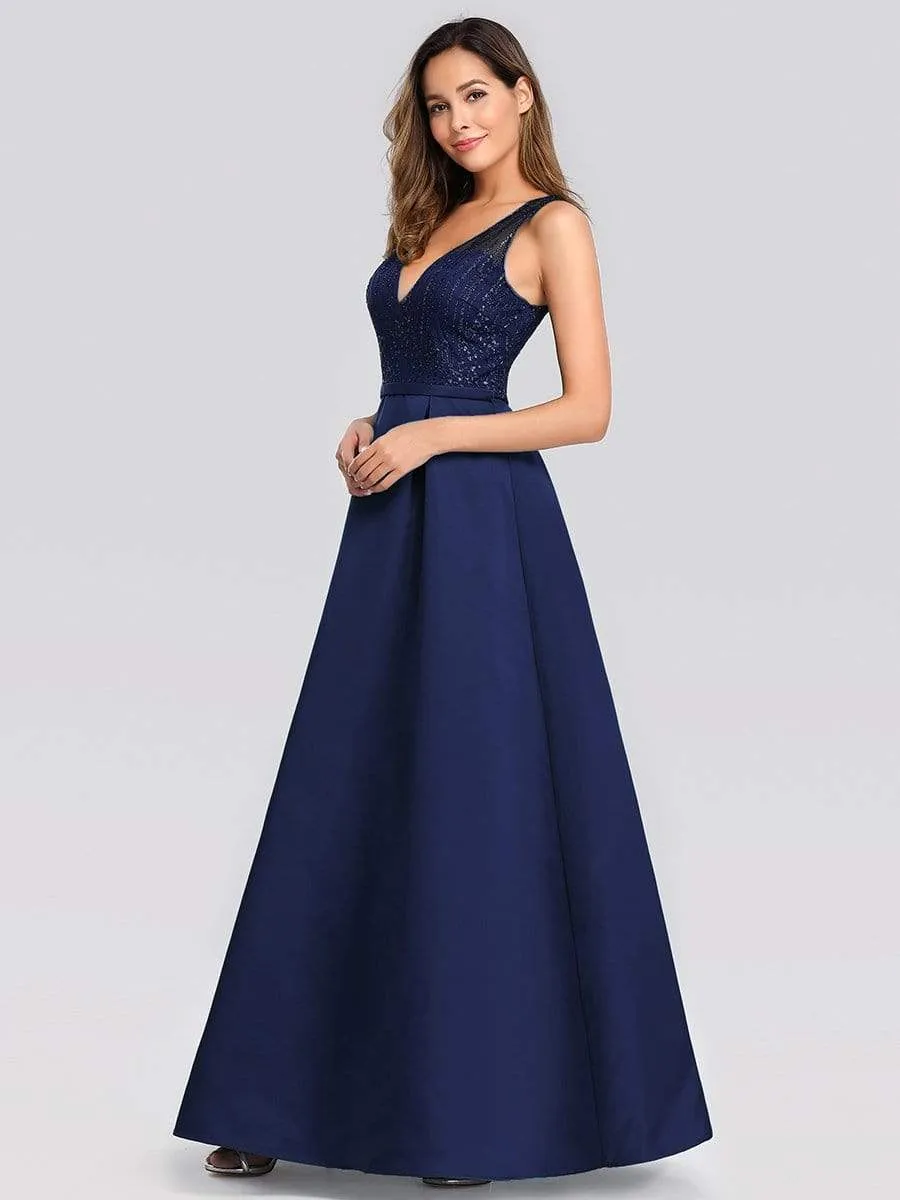 Elegant Deep V Neck Floor Length Sparkly Evening Gown Dresses