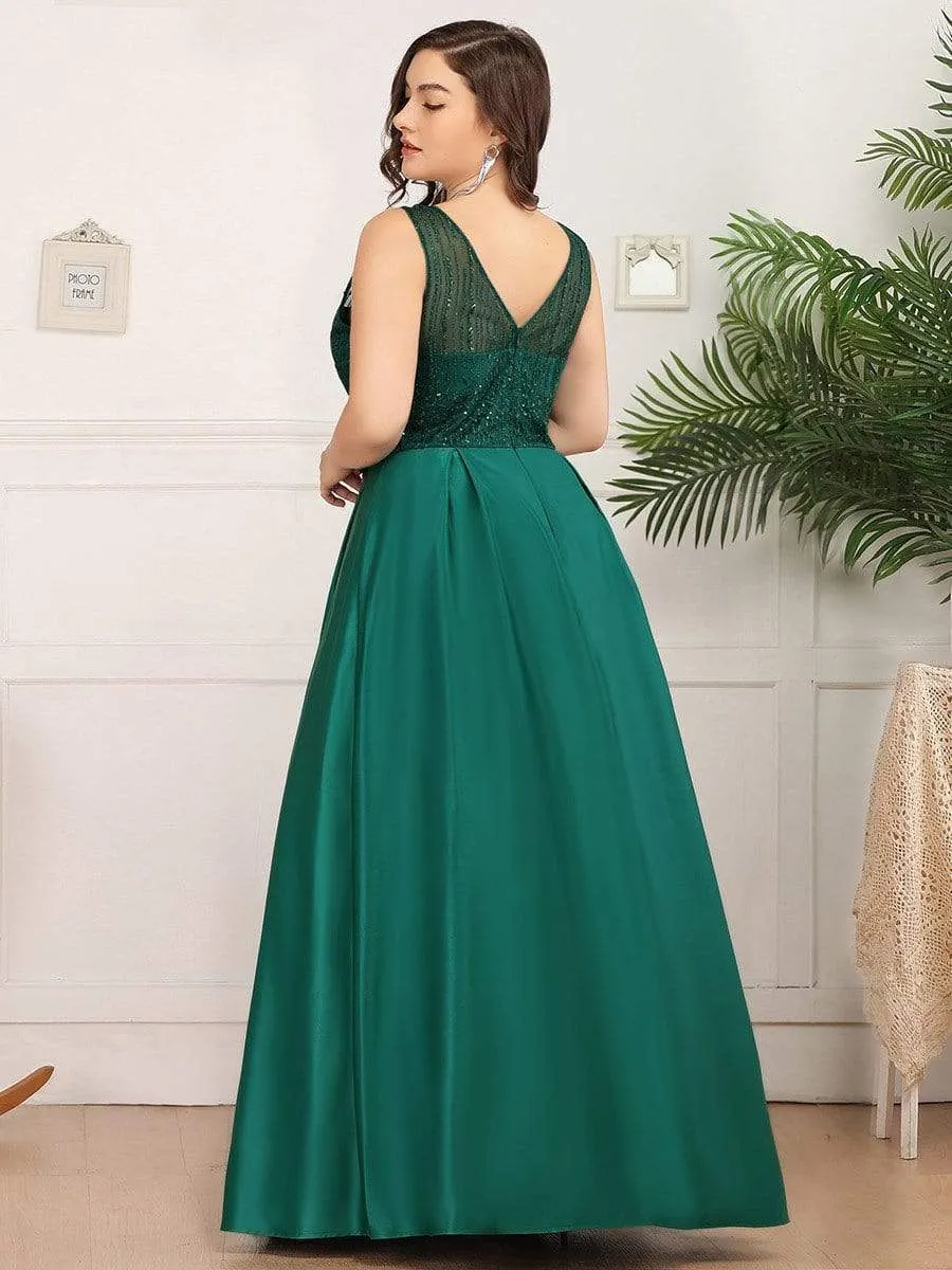 Elegant Deep V Neck Floor Length Sparkly Evening Gown Dresses