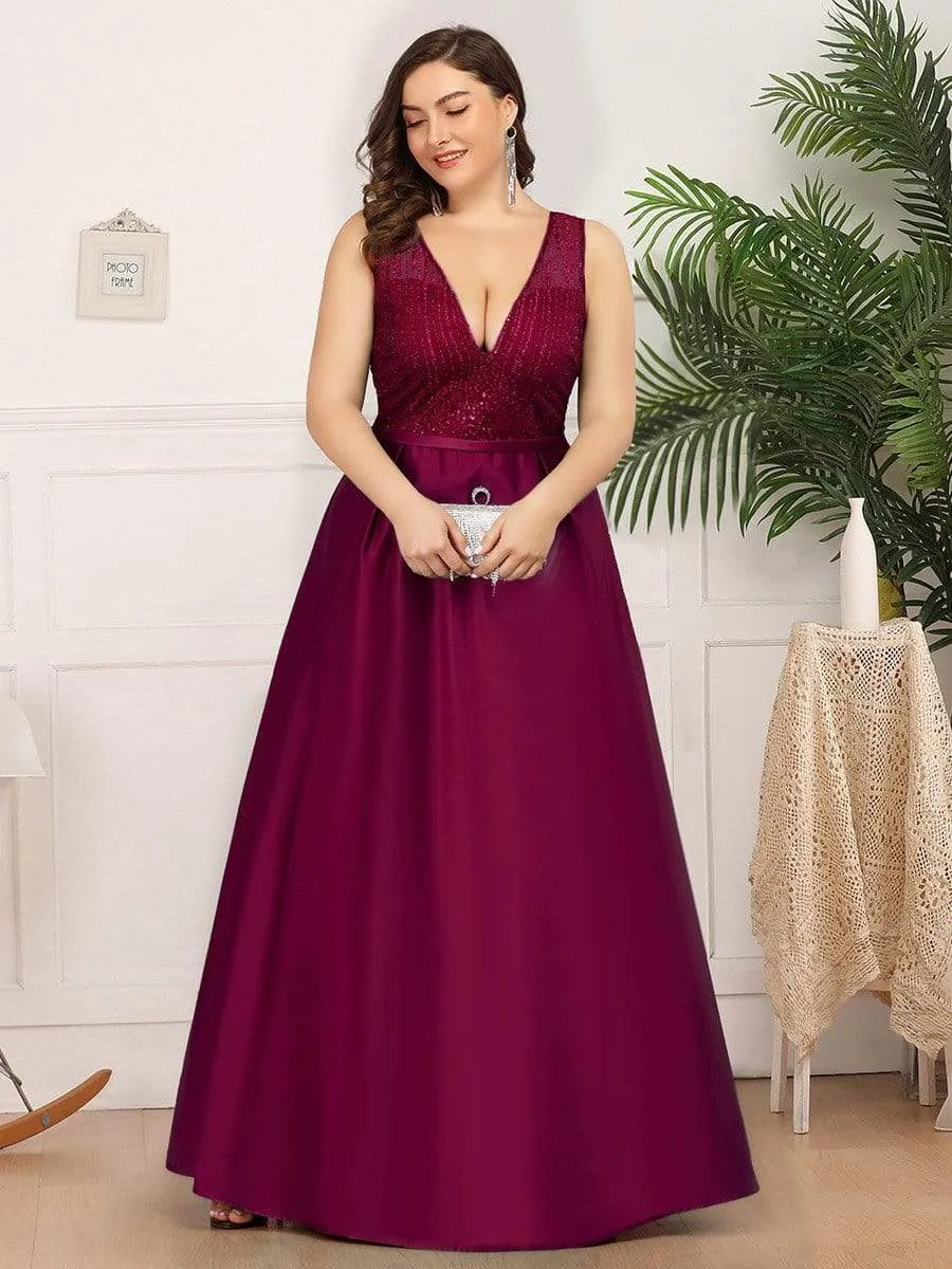 Elegant Deep V Neck Floor Length Sparkly Evening Gown Dresses