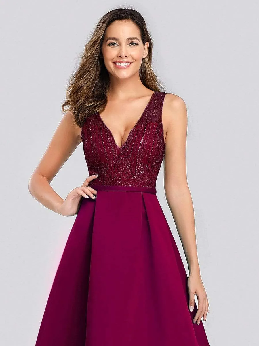 Elegant Deep V Neck Floor Length Sparkly Evening Gown Dresses