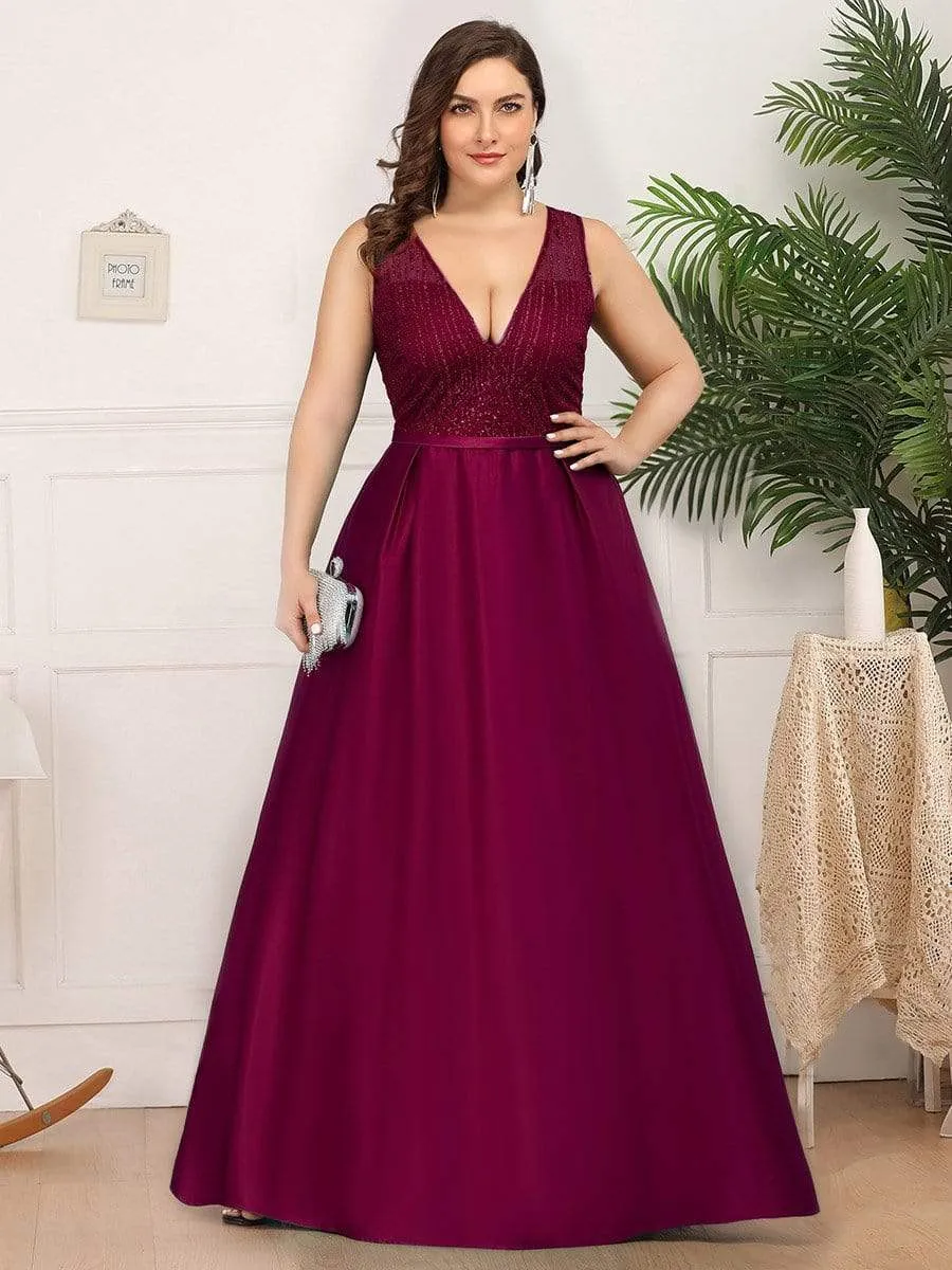 Elegant Deep V Neck Floor Length Sparkly Evening Gown Dresses