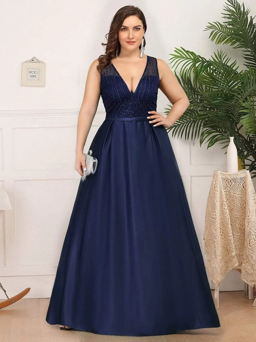 Elegant Deep V Neck Floor Length Sparkly Evening Gown Dresses