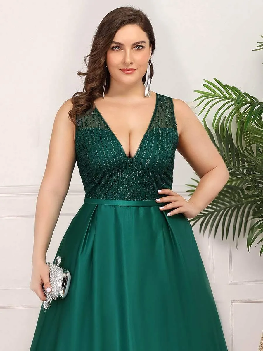 Elegant Deep V Neck Floor Length Sparkly Evening Gown Dresses