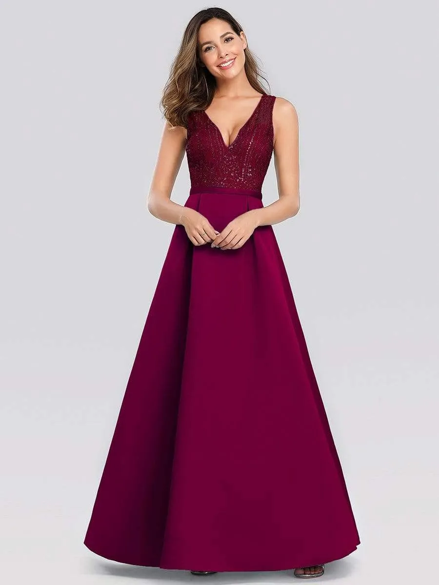 Elegant Deep V Neck Floor Length Sparkly Evening Gown Dresses