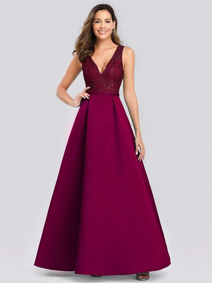 Elegant Deep V Neck Floor Length Sparkly Evening Gown Dresses