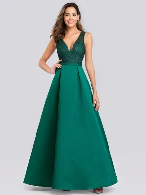 Elegant Deep V Neck Floor Length Sparkly Evening Gown Dresses