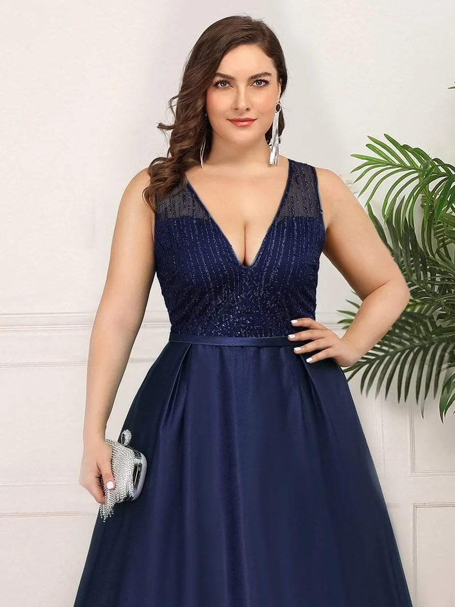 Elegant Deep V Neck Floor Length Sparkly Evening Gown Dresses
