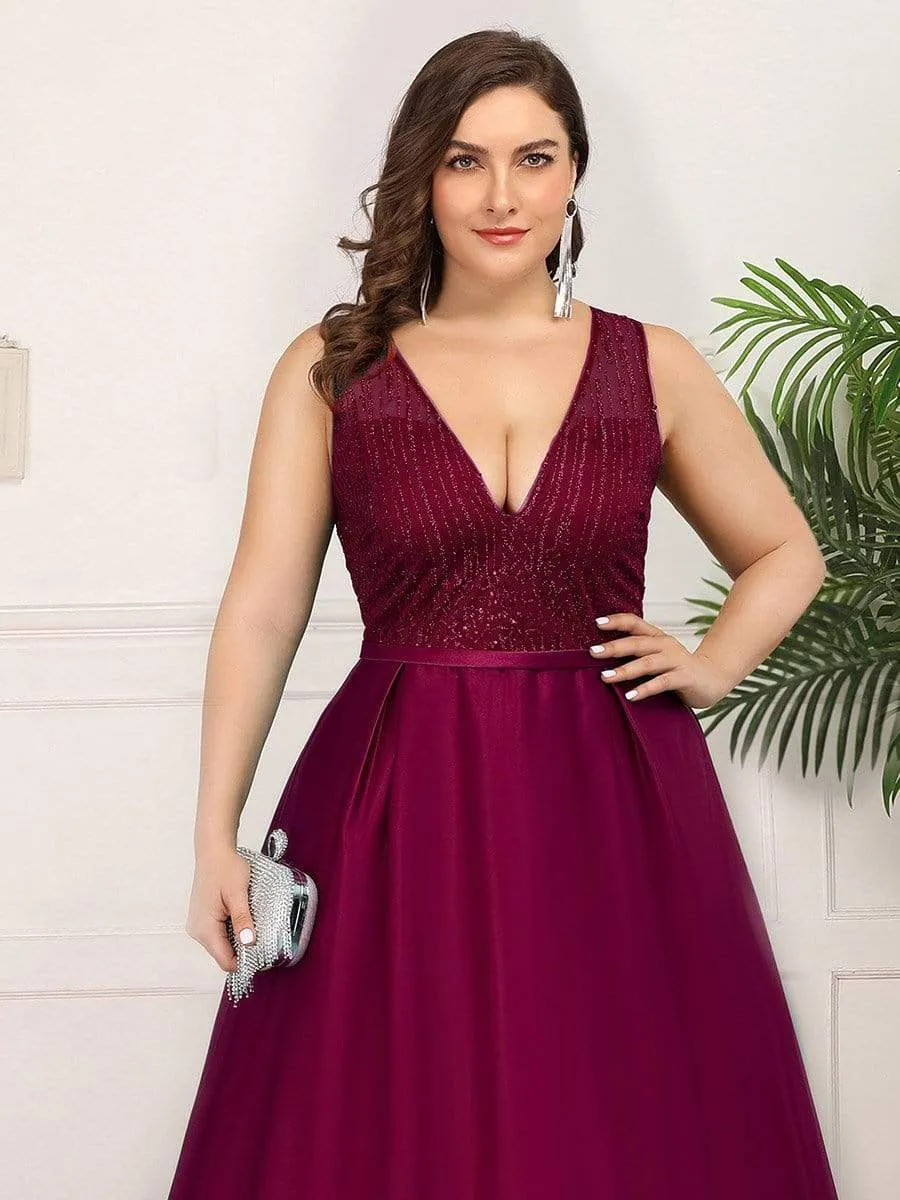 Elegant Deep V Neck Floor Length Sparkly Evening Gown Dresses