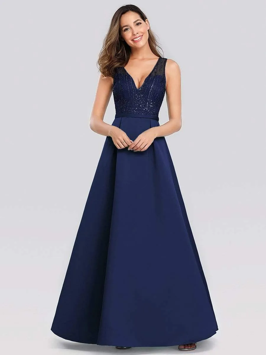Elegant Deep V Neck Floor Length Sparkly Evening Gown Dresses