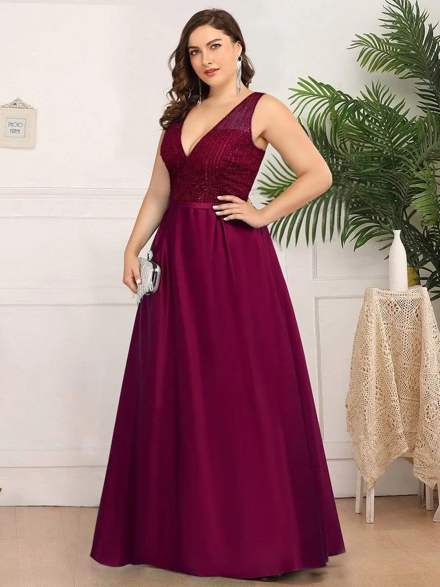 Elegant Deep V Neck Floor Length Sparkly Evening Gown Dresses