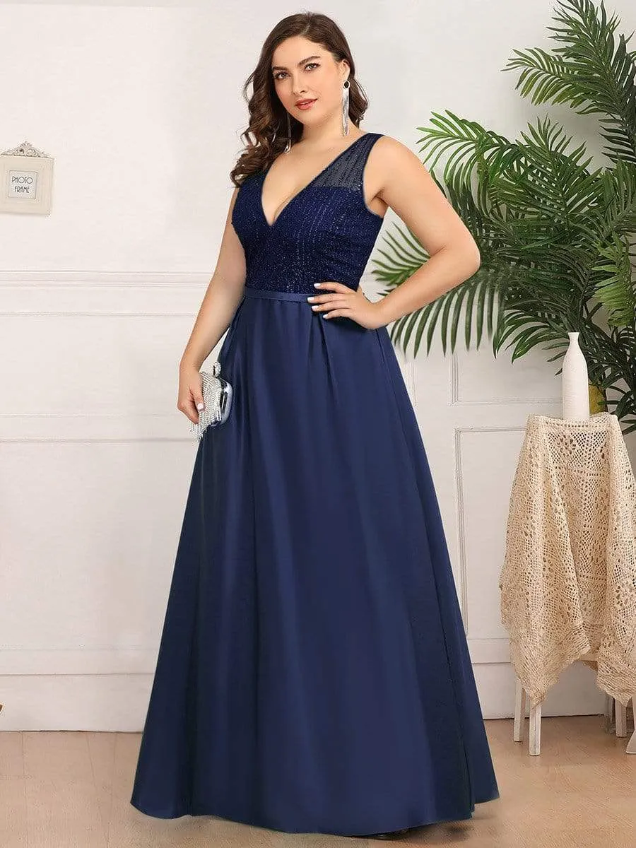 Elegant Deep V Neck Floor Length Sparkly Evening Gown Dresses