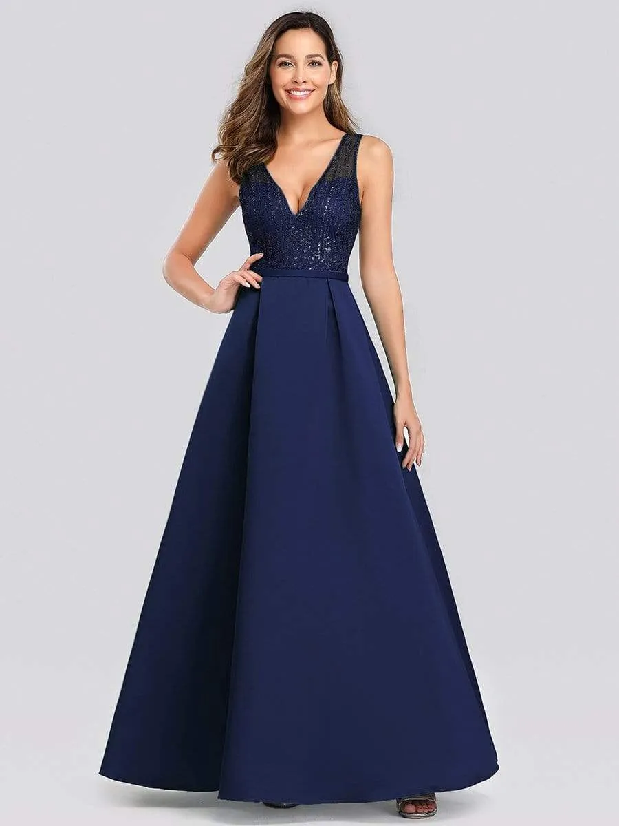 Elegant Deep V Neck Floor Length Sparkly Evening Gown Dresses