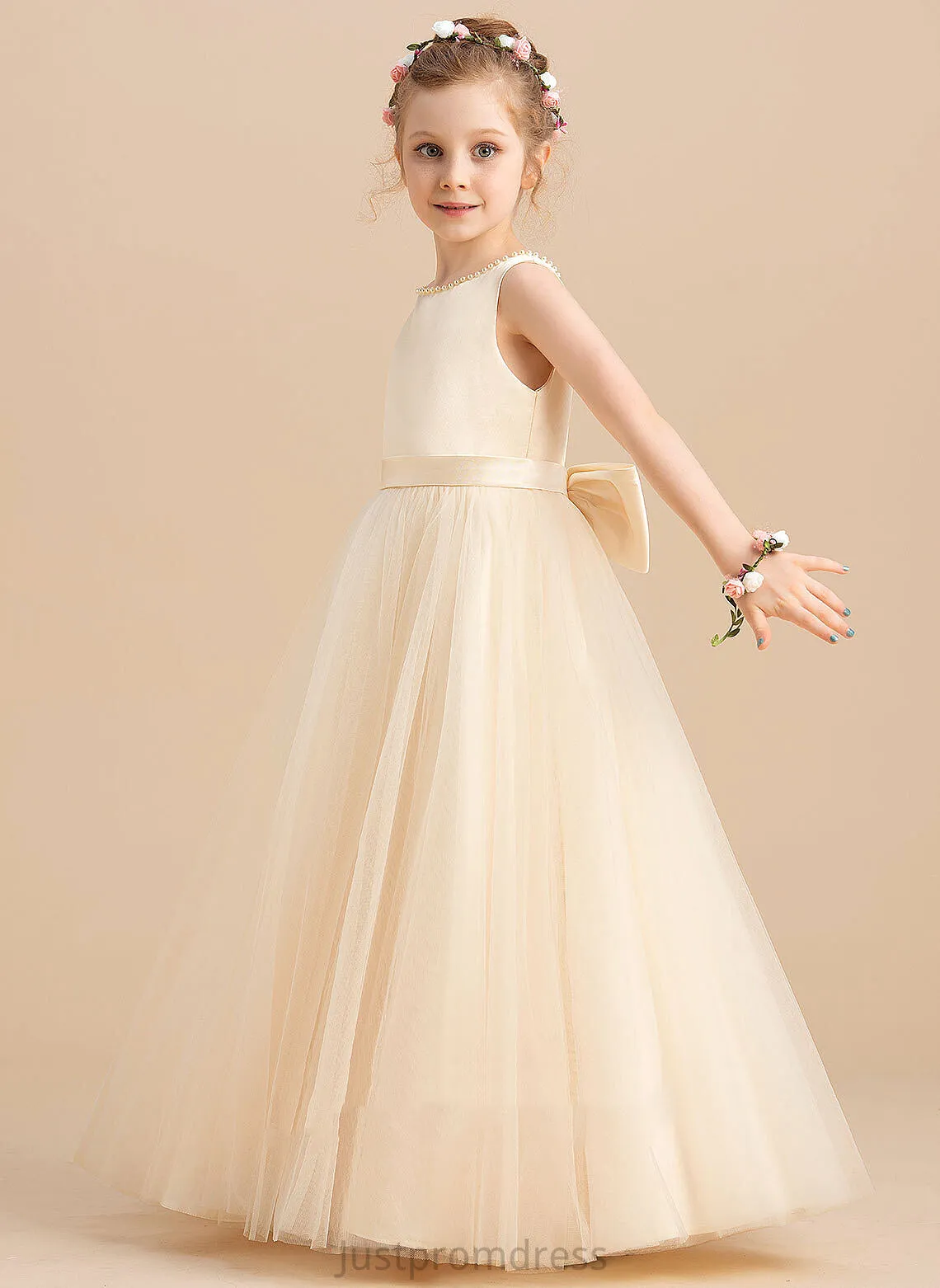 Floor-length - With Neck Selah Beading/Bow(s) Dress Flower Girl Dresses Satin/Tulle Ball-Gown/Princess Sleeveless Flower Scoop Girl