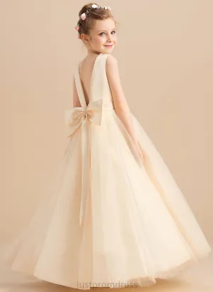 Floor-length - With Neck Selah Beading/Bow(s) Dress Flower Girl Dresses Satin/Tulle Ball-Gown/Princess Sleeveless Flower Scoop Girl