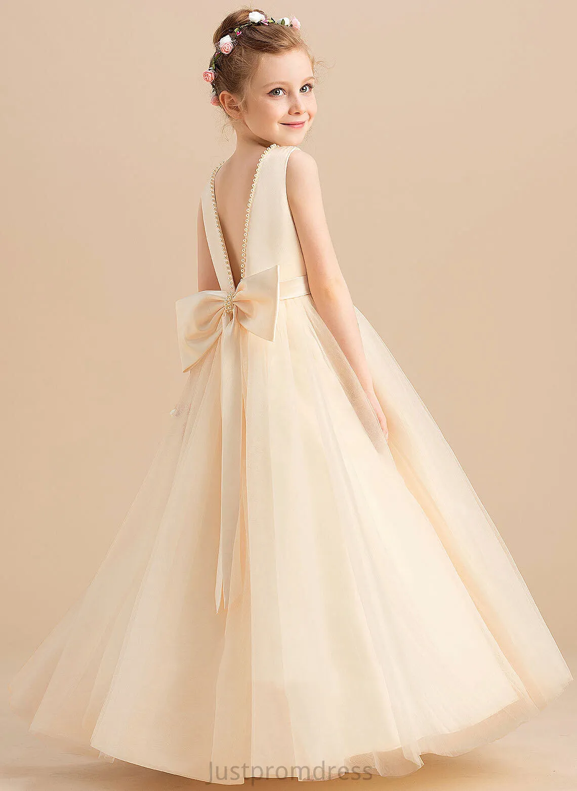 Floor-length - With Neck Selah Beading/Bow(s) Dress Flower Girl Dresses Satin/Tulle Ball-Gown/Princess Sleeveless Flower Scoop Girl