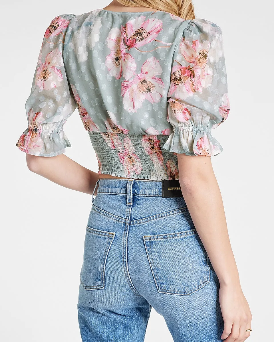 Floral Clip Dot Print V-Neck Smocked Cropped Top in Gray Print