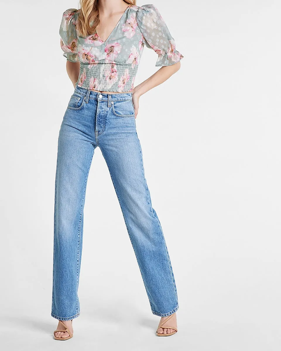 Floral Clip Dot Print V-Neck Smocked Cropped Top in Gray Print