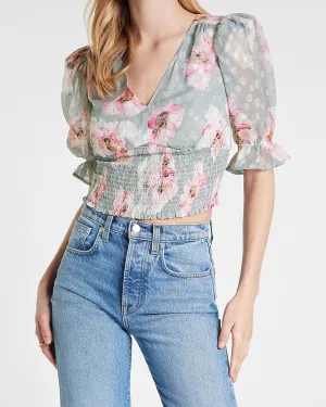 Floral Clip Dot Print V-Neck Smocked Cropped Top in Gray Print