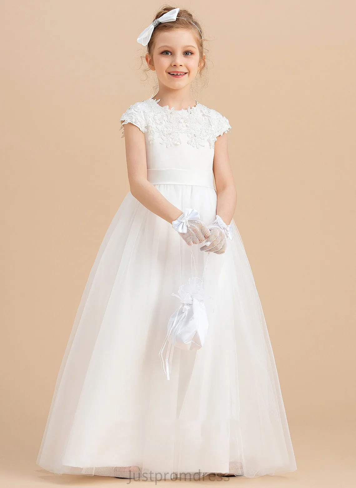 Flower Beading/Appliques With Scoop Ball Satin/Tulle Gown Charlize Sleeveless Neck - Flower Girl Dresses Floor-length Girl Dress