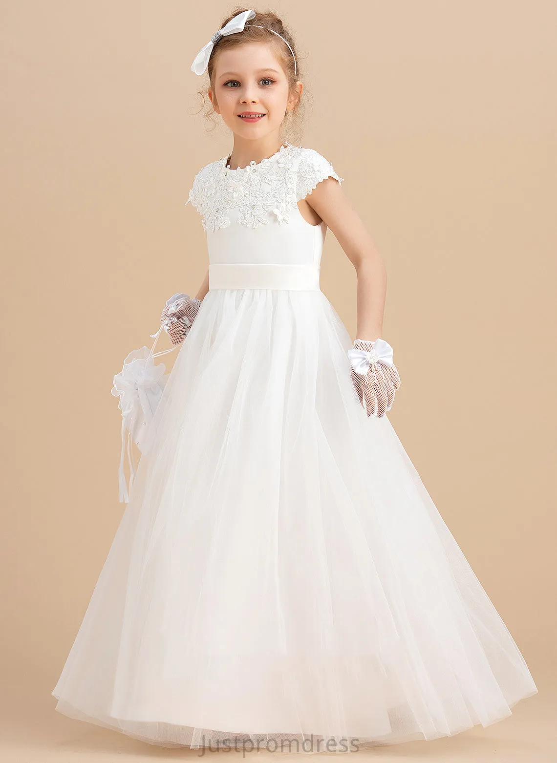 Flower Beading/Appliques With Scoop Ball Satin/Tulle Gown Charlize Sleeveless Neck - Flower Girl Dresses Floor-length Girl Dress
