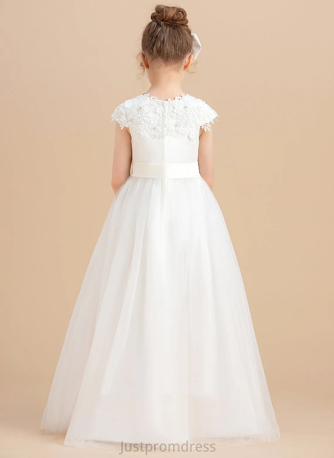 Flower Beading/Appliques With Scoop Ball Satin/Tulle Gown Charlize Sleeveless Neck - Flower Girl Dresses Floor-length Girl Dress