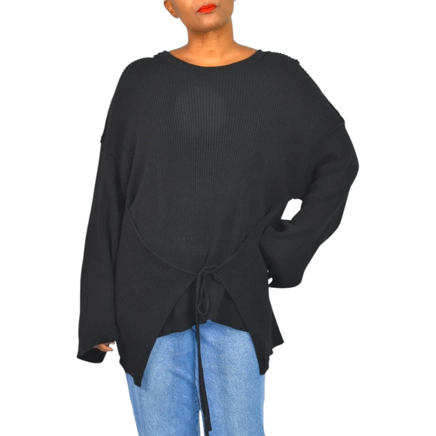 Free People Brig Pullover Sweater Black Tie Front Top Ribbed Oversized Slouchy Tunic Side Slits Size Small