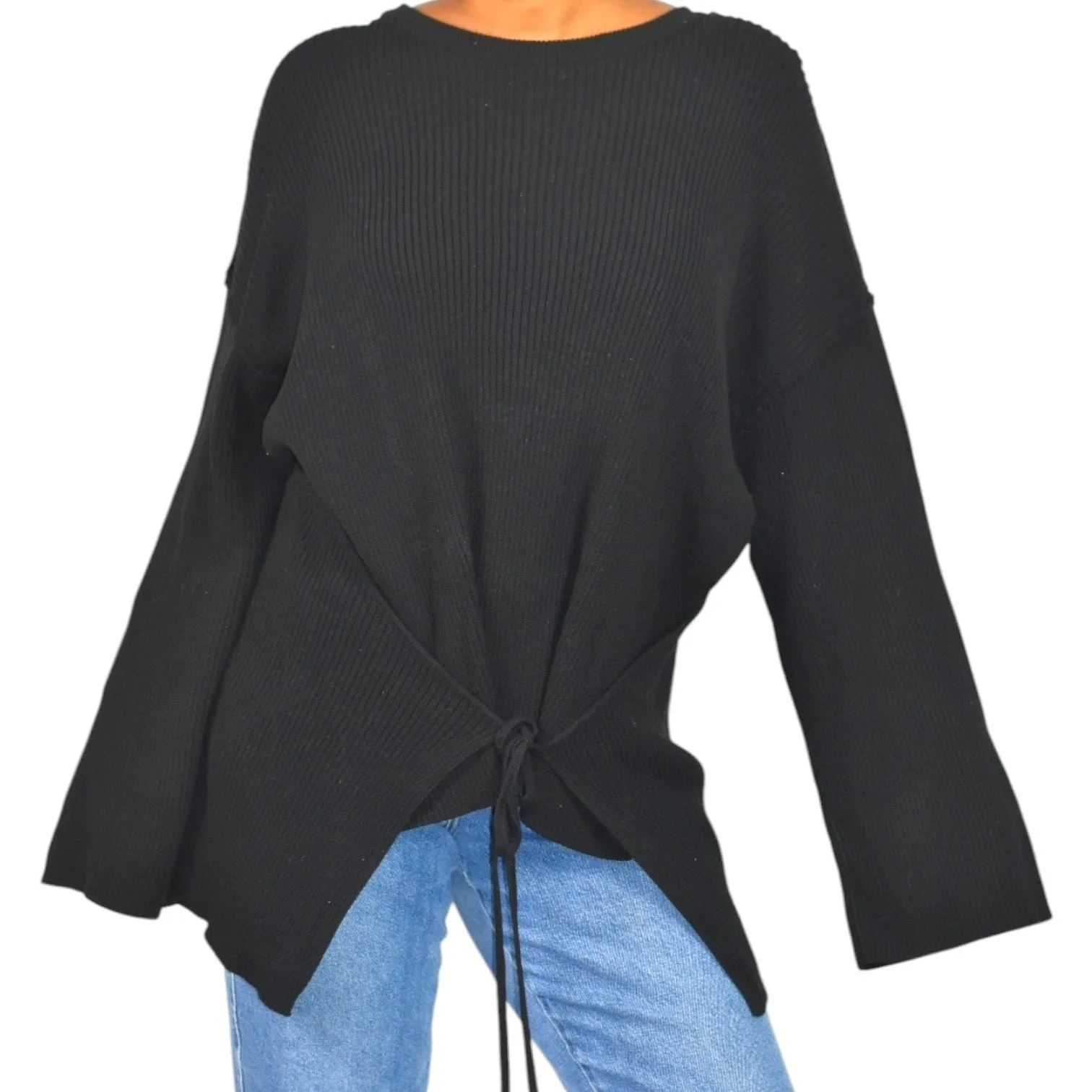 Free People Brig Pullover Sweater Black Tie Front Top Ribbed Oversized Slouchy Tunic Side Slits Size Small