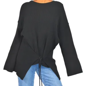 Free People Brig Pullover Sweater Black Tie Front Top Ribbed Oversized Slouchy Tunic Side Slits Size Small
