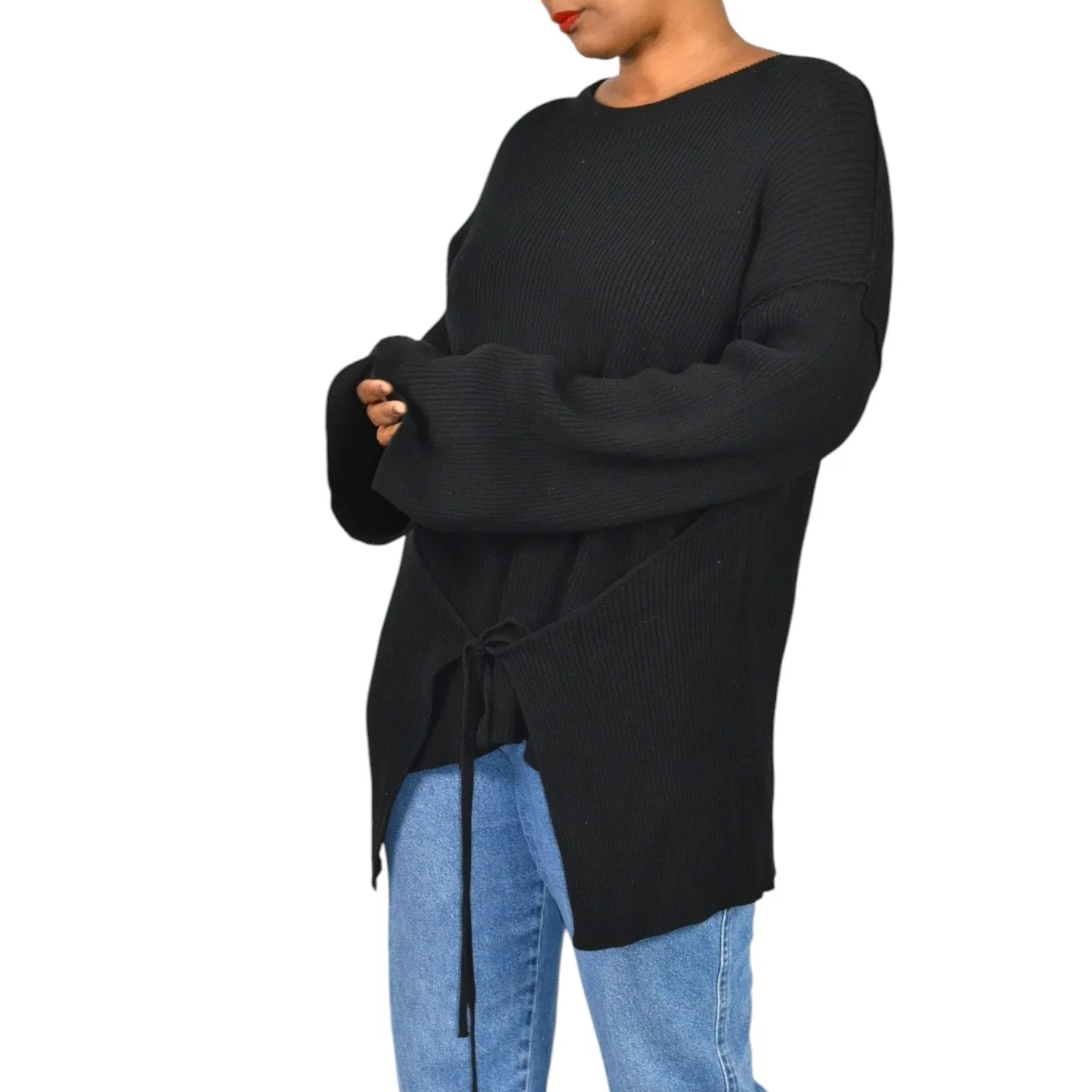 Free People Brig Pullover Sweater Black Tie Front Top Ribbed Oversized Slouchy Tunic Side Slits Size Small