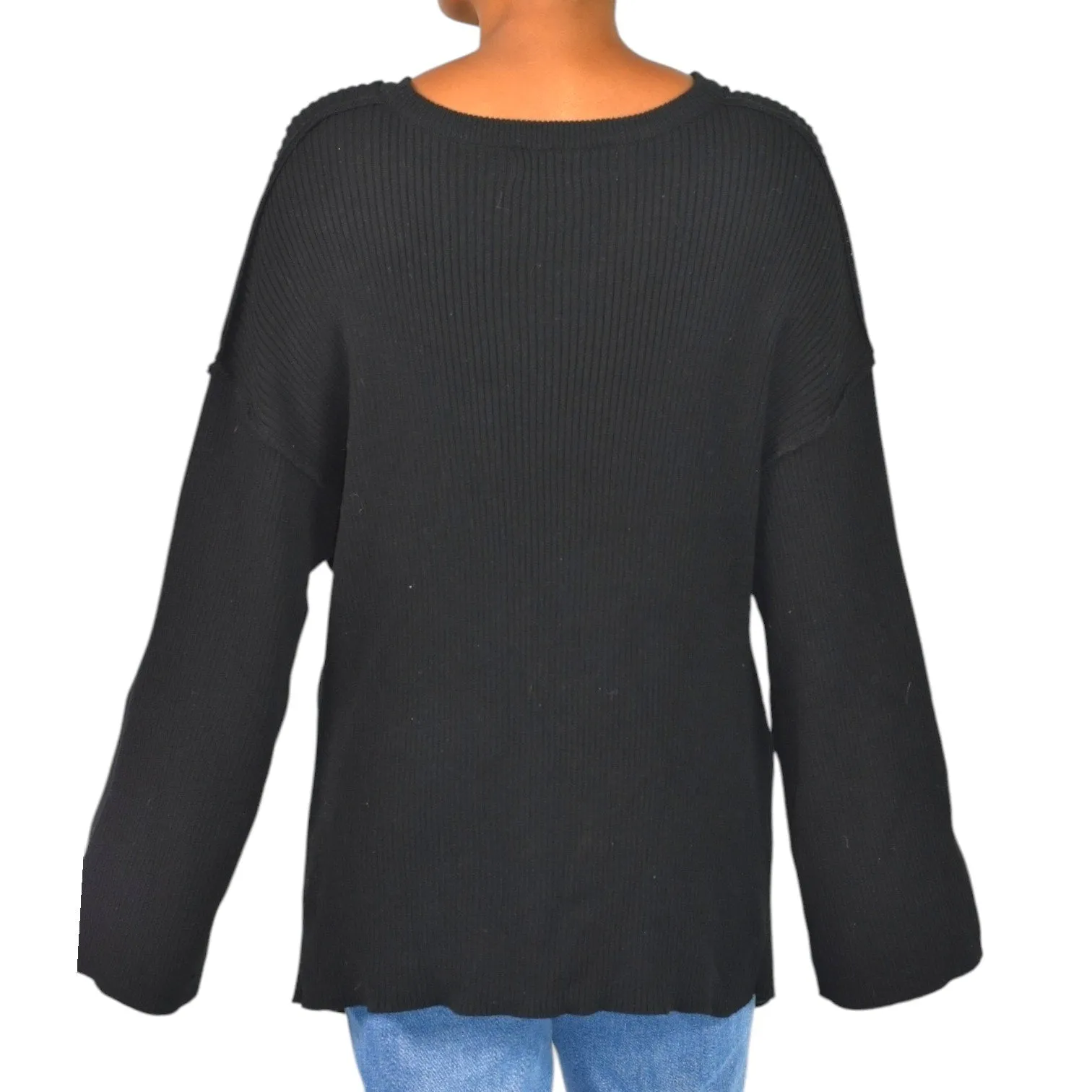 Free People Brig Pullover Sweater Black Tie Front Top Ribbed Oversized Slouchy Tunic Side Slits Size Small
