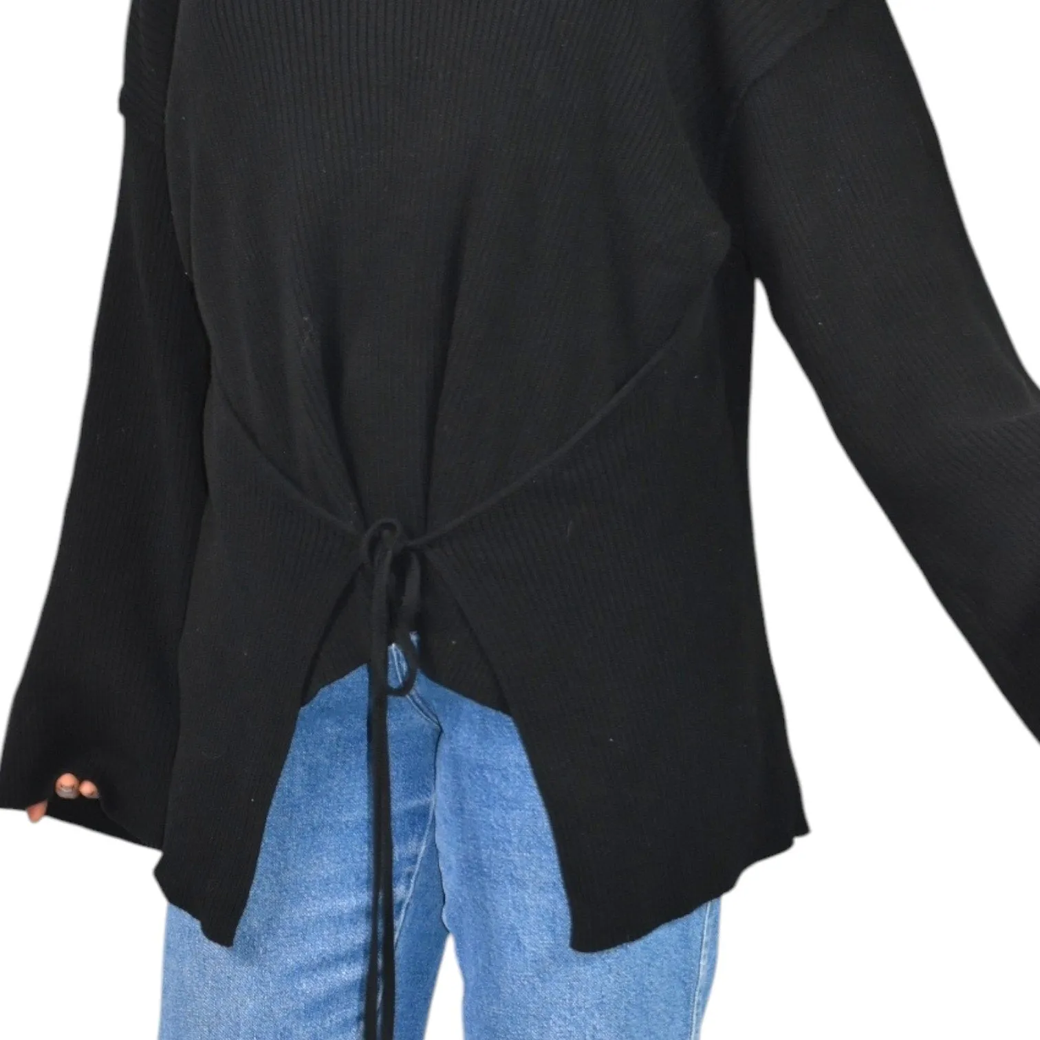 Free People Brig Pullover Sweater Black Tie Front Top Ribbed Oversized Slouchy Tunic Side Slits Size Small