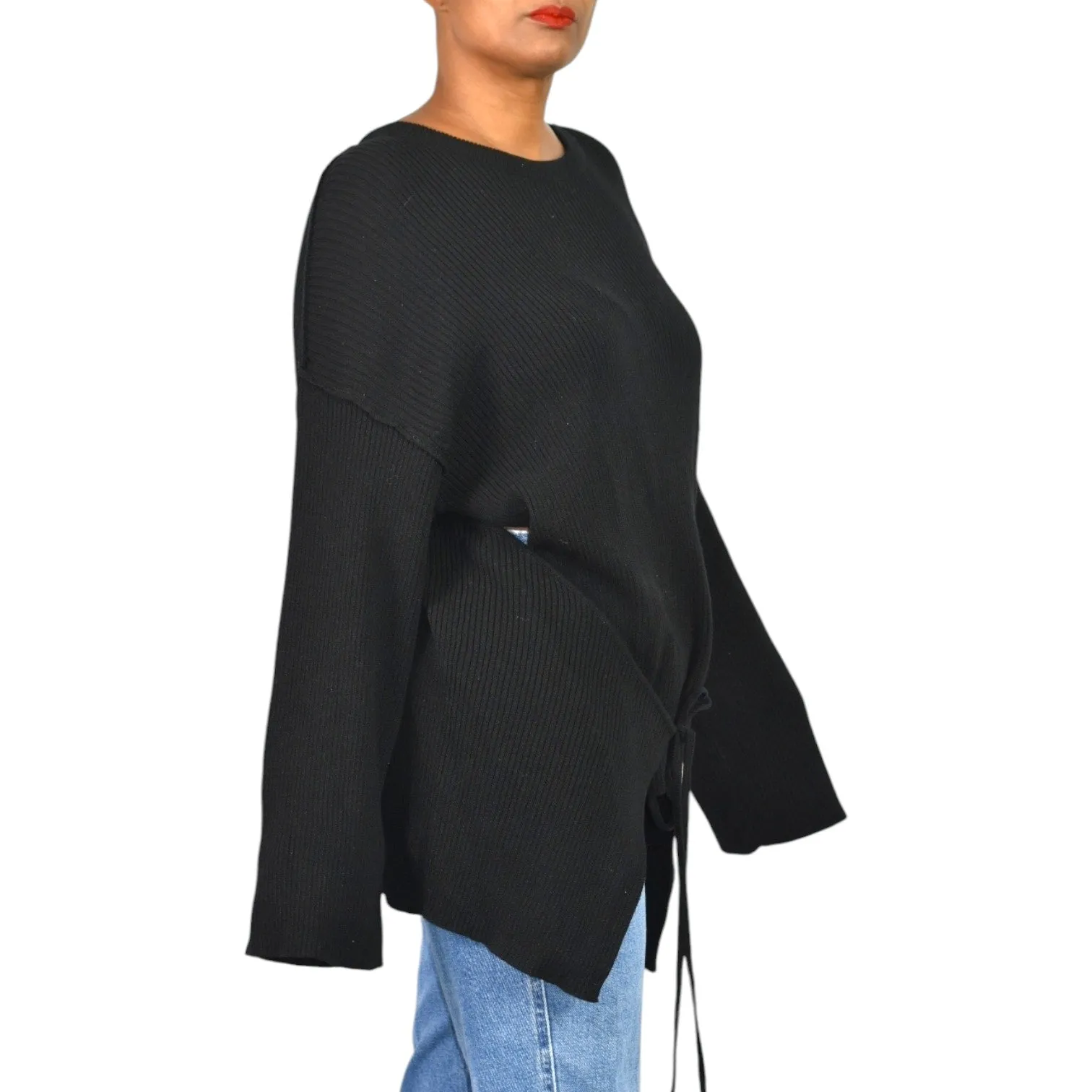 Free People Brig Pullover Sweater Black Tie Front Top Ribbed Oversized Slouchy Tunic Side Slits Size Small