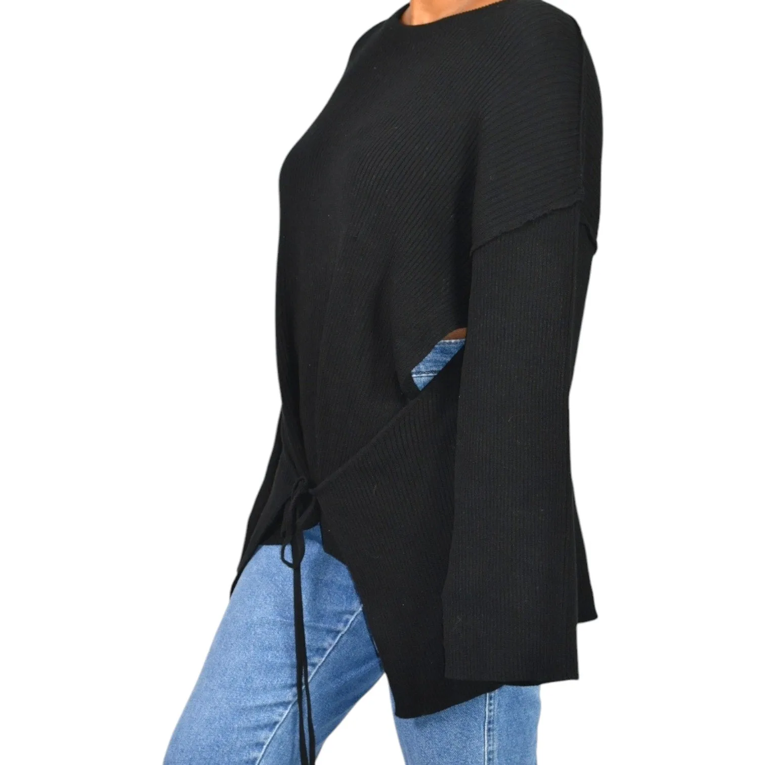 Free People Brig Pullover Sweater Black Tie Front Top Ribbed Oversized Slouchy Tunic Side Slits Size Small