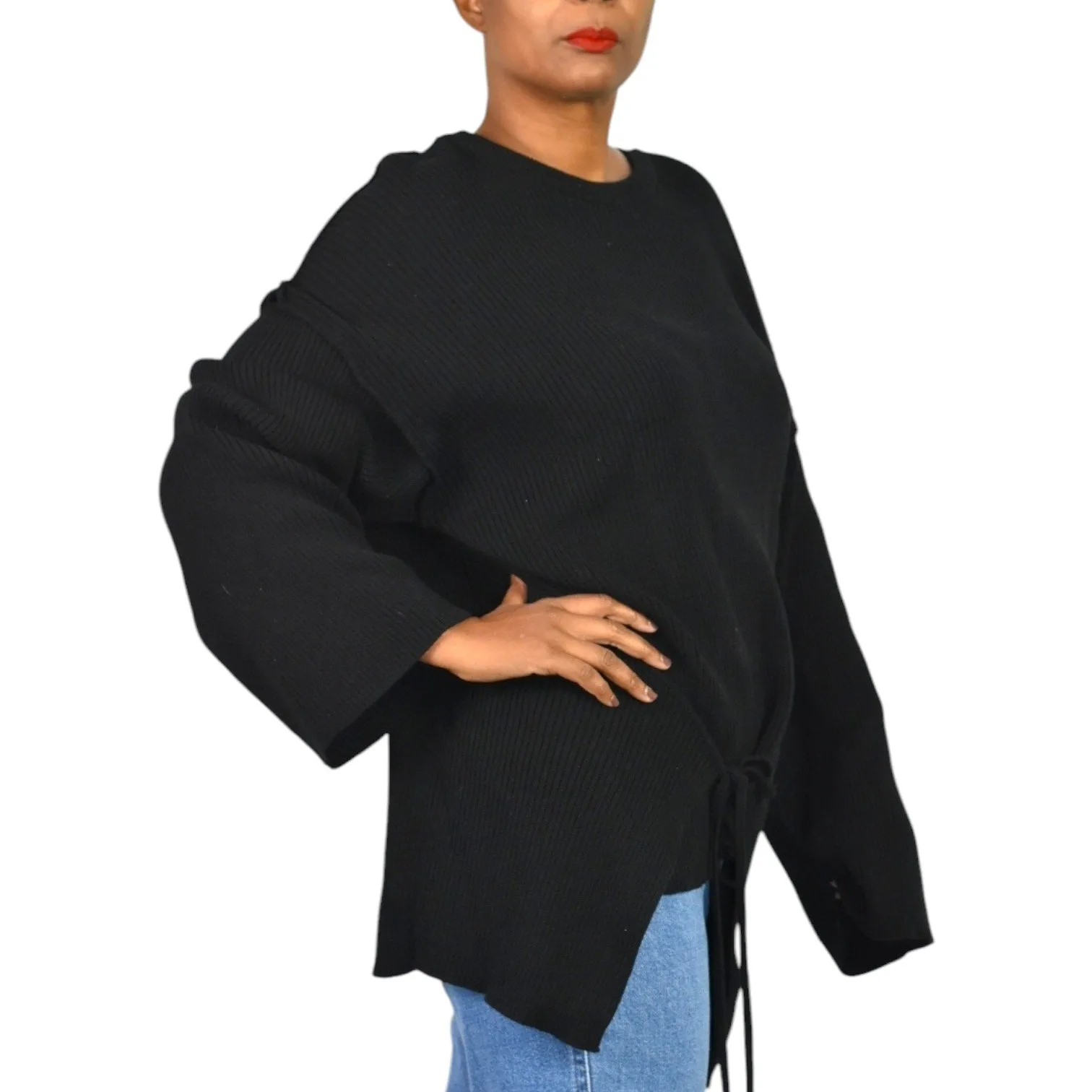 Free People Brig Pullover Sweater Black Tie Front Top Ribbed Oversized Slouchy Tunic Side Slits Size Small