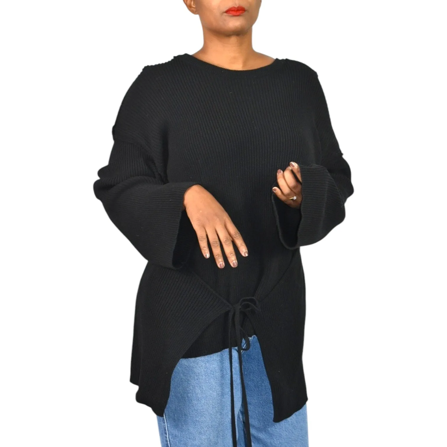 Free People Brig Pullover Sweater Black Tie Front Top Ribbed Oversized Slouchy Tunic Side Slits Size Small