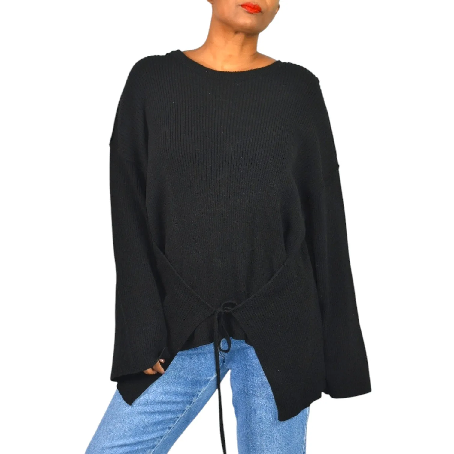Free People Brig Pullover Sweater Black Tie Front Top Ribbed Oversized Slouchy Tunic Side Slits Size Small