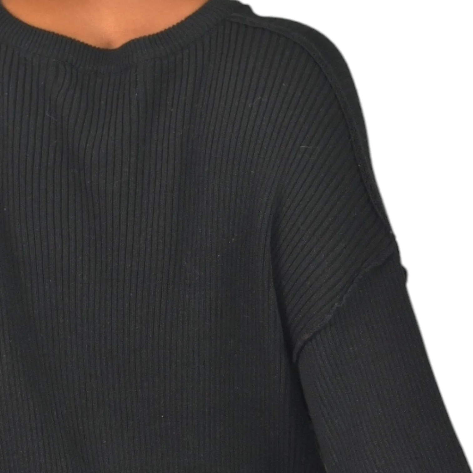 Free People Brig Pullover Sweater Black Tie Front Top Ribbed Oversized Slouchy Tunic Side Slits Size Small