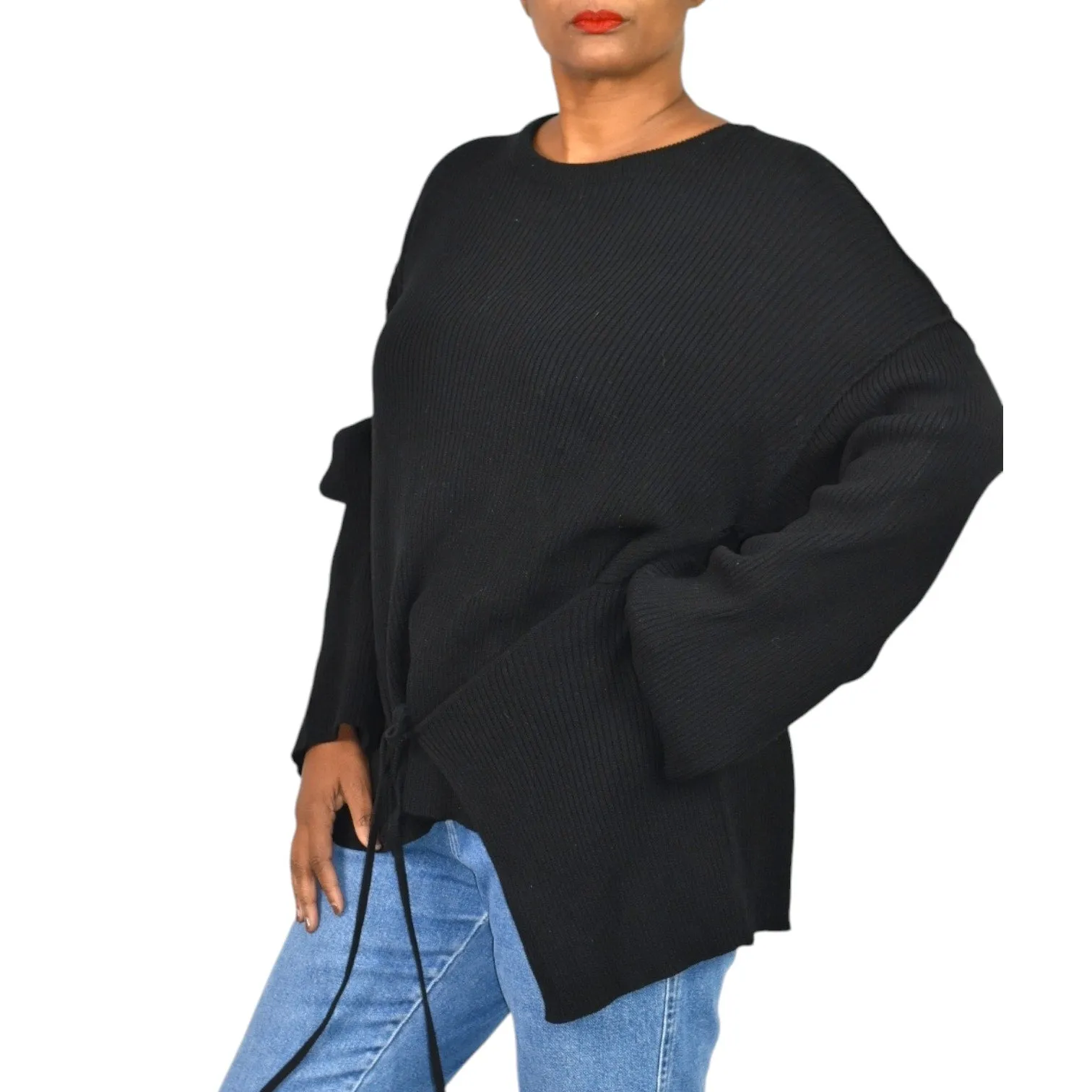 Free People Brig Pullover Sweater Black Tie Front Top Ribbed Oversized Slouchy Tunic Side Slits Size Small