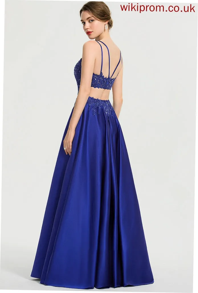 Front Sequins Satin Maud Floor-Length Split V-neck Ball-Gown/Princess With Prom Dresses