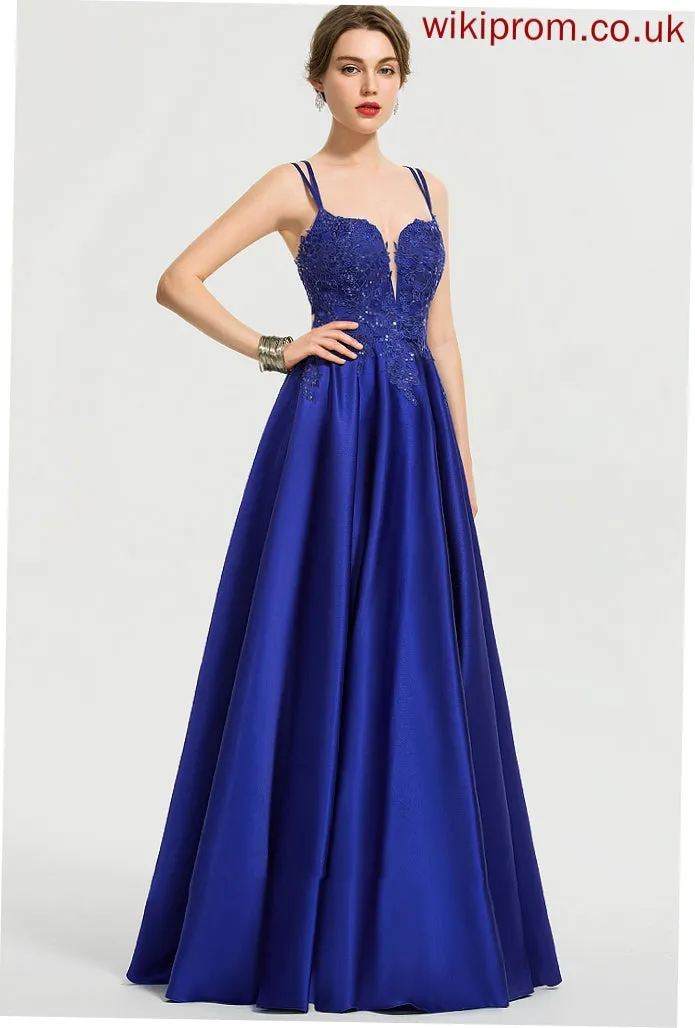 Front Sequins Satin Maud Floor-Length Split V-neck Ball-Gown/Princess With Prom Dresses