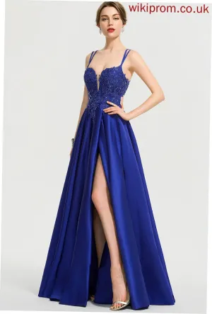 Front Sequins Satin Maud Floor-Length Split V-neck Ball-Gown/Princess With Prom Dresses