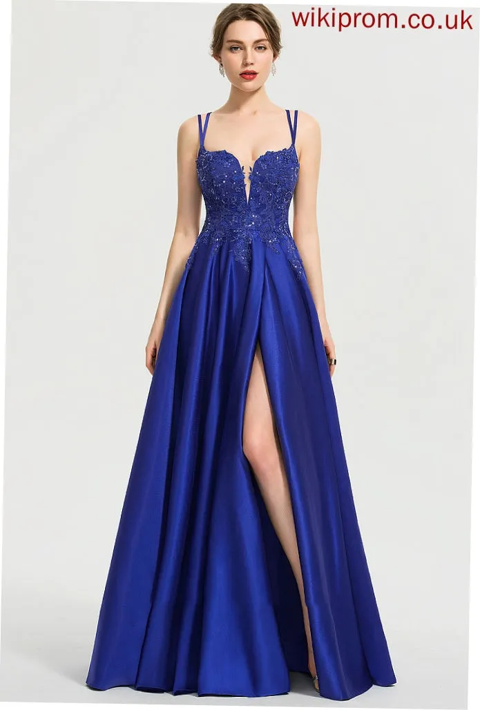 Front Sequins Satin Maud Floor-Length Split V-neck Ball-Gown/Princess With Prom Dresses