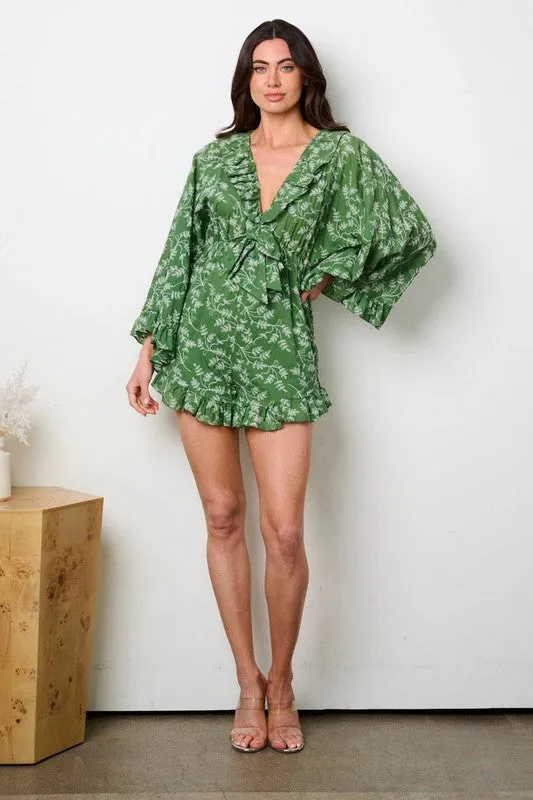 Green Wide Sleeve Leaf Print Woven Romper