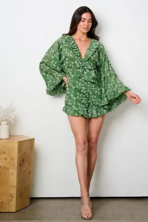 Green Wide Sleeve Leaf Print Woven Romper