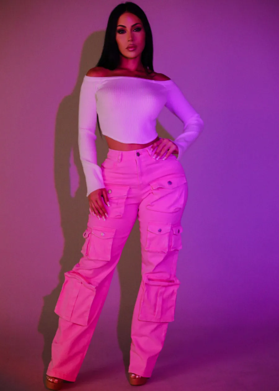 High Waist Utility Cargo Jeans Acid Wash