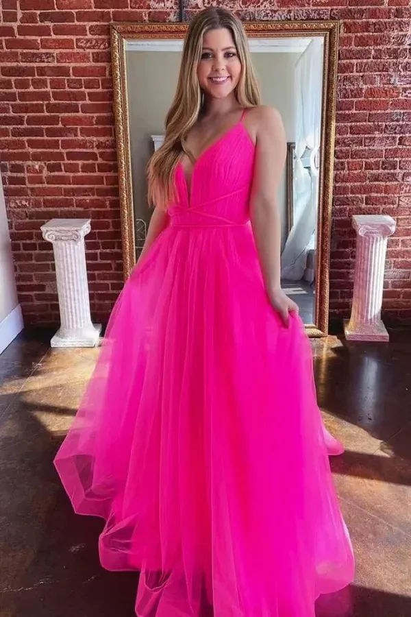 Hot Pink Tulle A Line V Neck Long Prom Dress, Gorgeous Formal Gown PFP2341