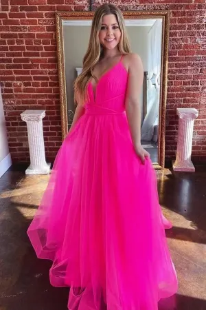 Hot Pink Tulle A Line V Neck Long Prom Dress, Gorgeous Formal Gown PFP2341