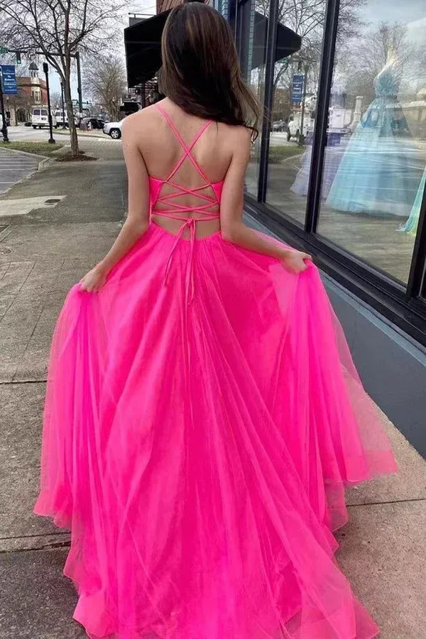Hot Pink Tulle A Line V Neck Long Prom Dress, Gorgeous Formal Gown PFP2341