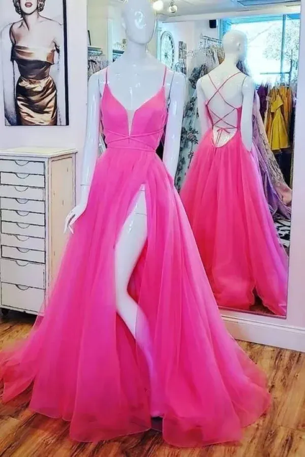 Hot Pink Tulle A Line V Neck Long Prom Dress, Gorgeous Formal Gown PFP2341