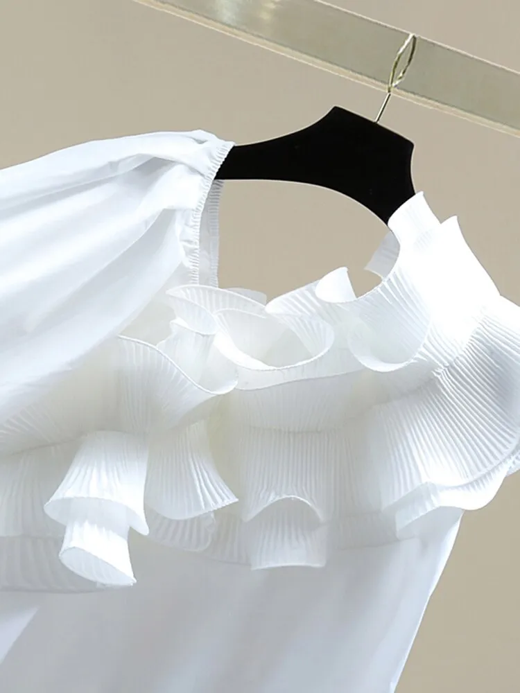 Irregular Collar Ruffle Trim T Shirt